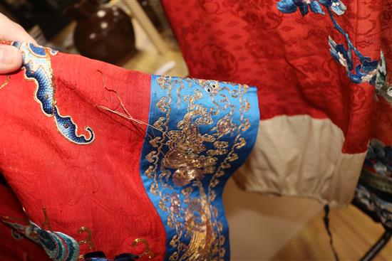 A Chinese red silk embroidered robe and a pantaloons set (later converted)